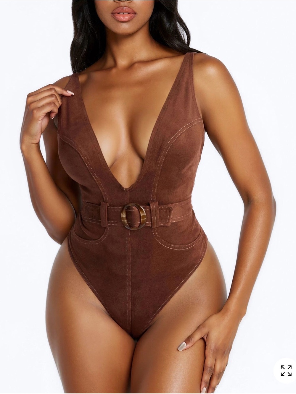 Fashion Nova Deep V Brown Suede Belted One-Piece Bodysuit